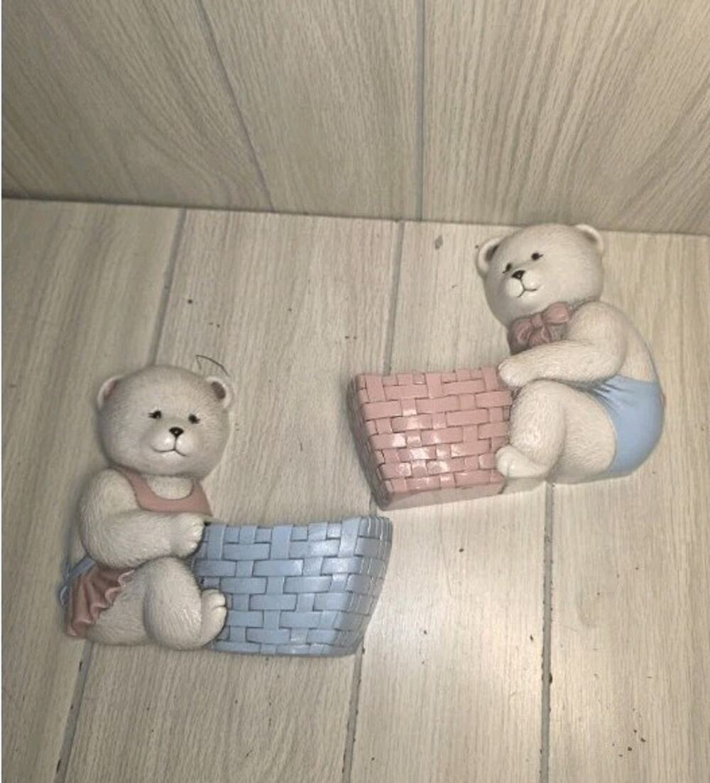 Vintage Homco Teddy Bear Wall Pockets Baby Nursery Wall Decor Blue Pink